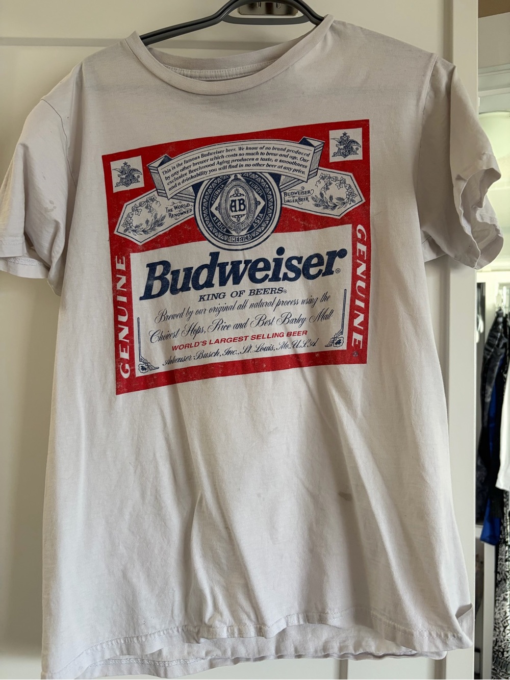 Budweiser White Short Sleeve Tee with Red and Navy Label Graphic